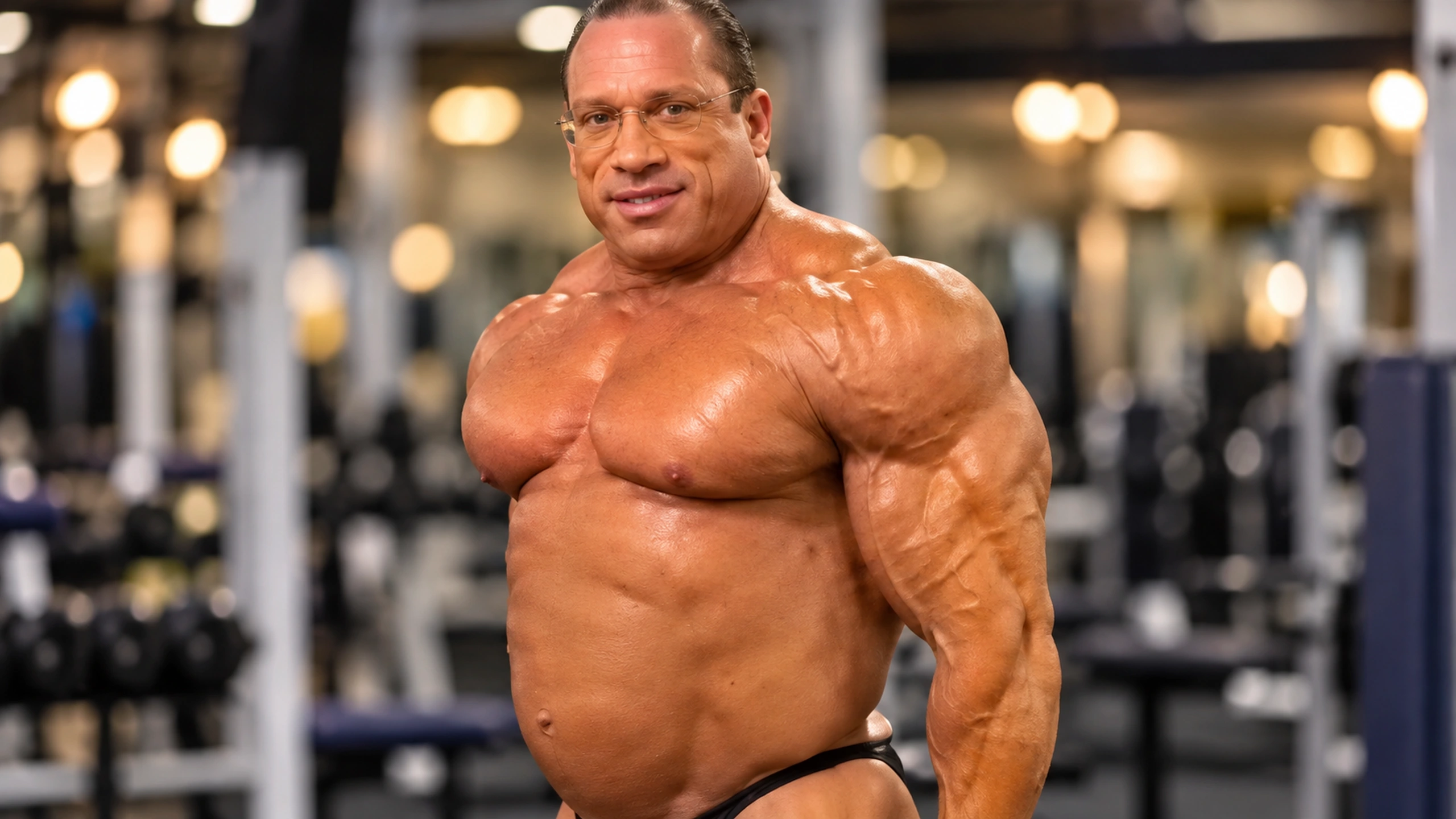 Dave Palumbo em vista de três quartos, com abdômen projetado, em edição com IA e fundo desfocado