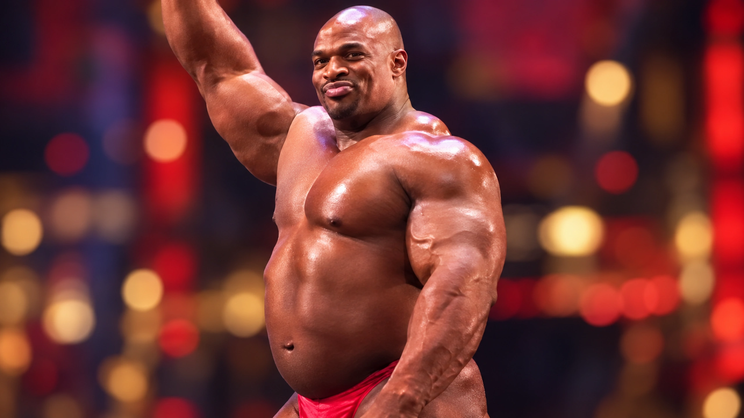 Ronnie Coleman em vista lateral, com a barriga arredondada e projetada claramente visível, em edição com IA